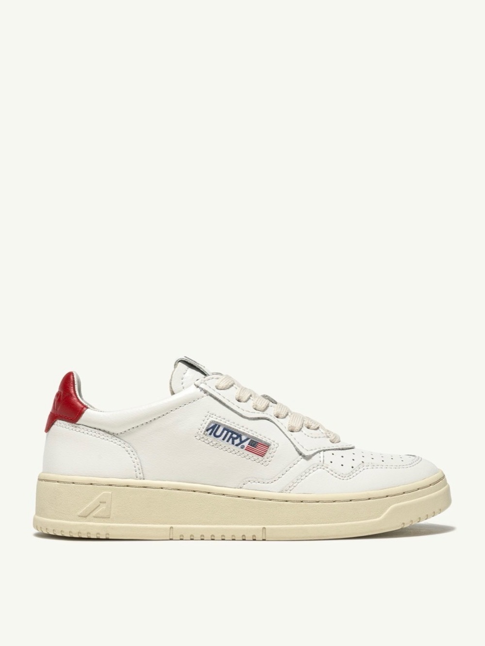 Autry Medalist Low Sneakers in White with Cream Sole and Red Heel Tab